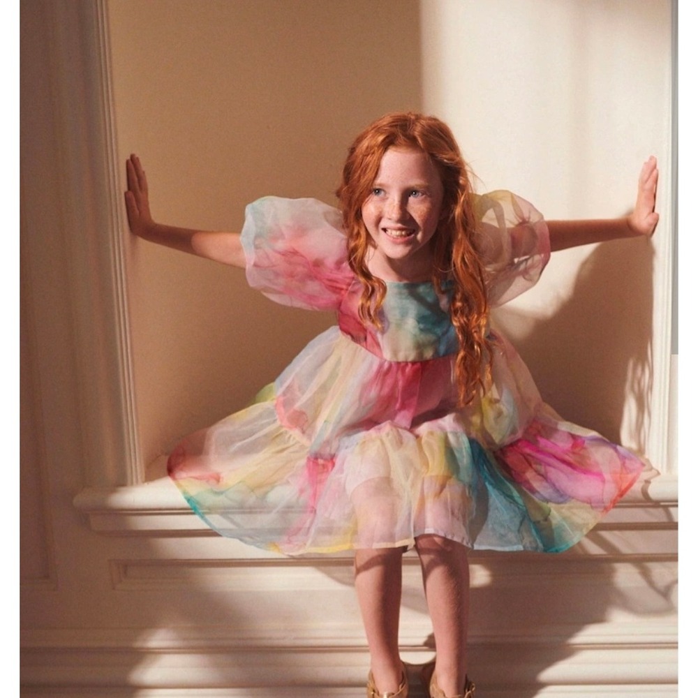Next Kids Watercolor Puff Sleeve Tiered Organza Party Dress Multi Color